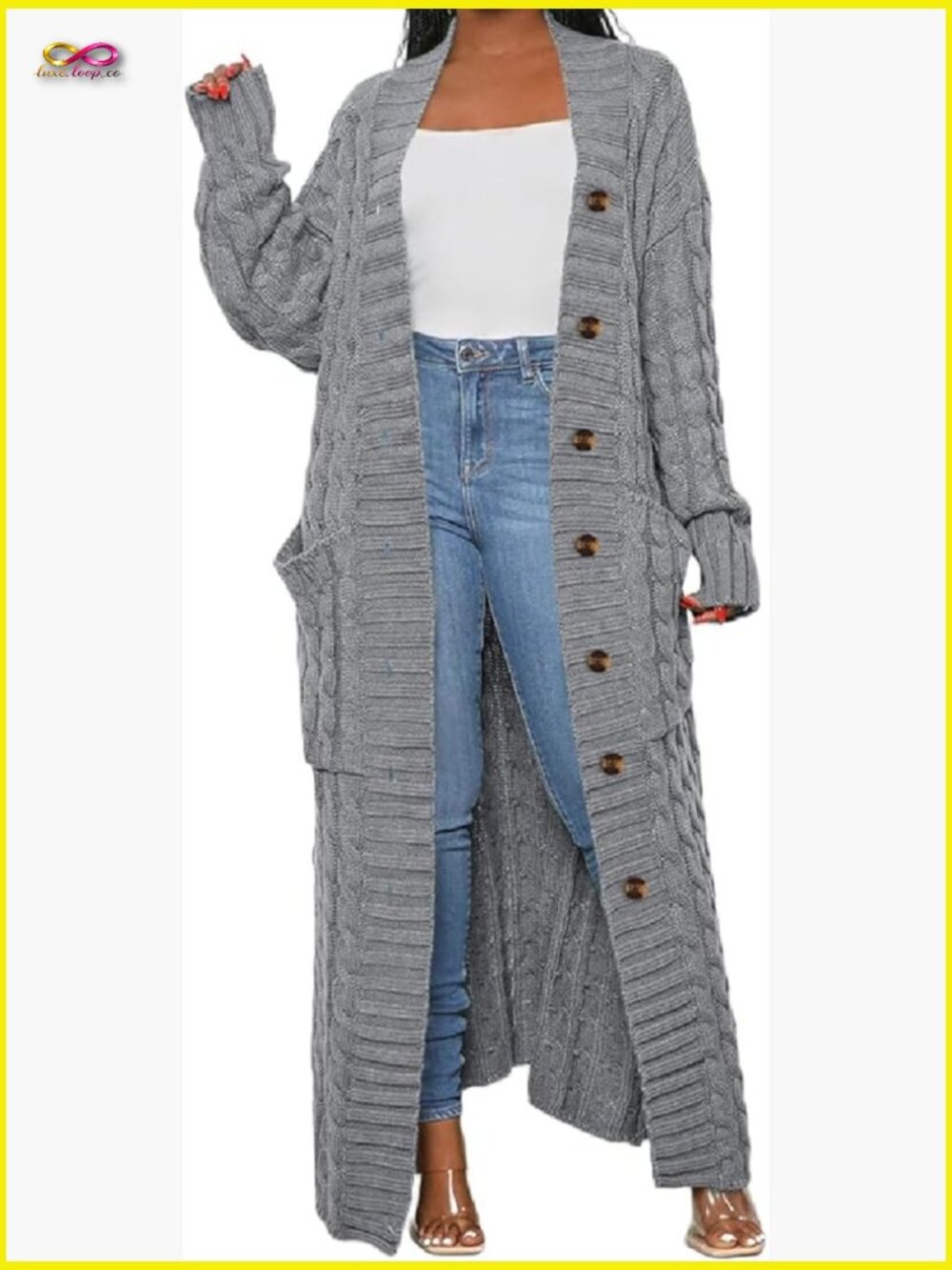 Chunky Cable Knit Cardigan Open Front Long Maxi Sweater with Pockets